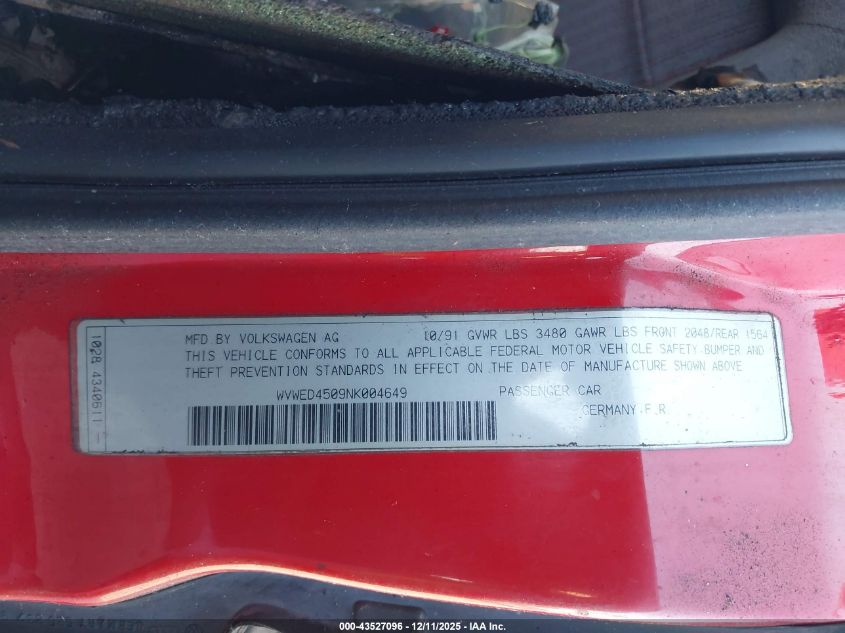 1992 Volkswagen Corrado Slc VIN: WVWED4509NK004649 Lot: 43527096