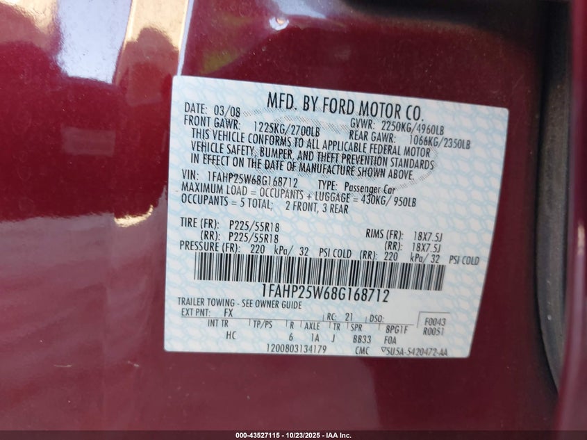2008 Ford Taurus Limited VIN: 1FAHP25W68G168712 Lot: 43527115