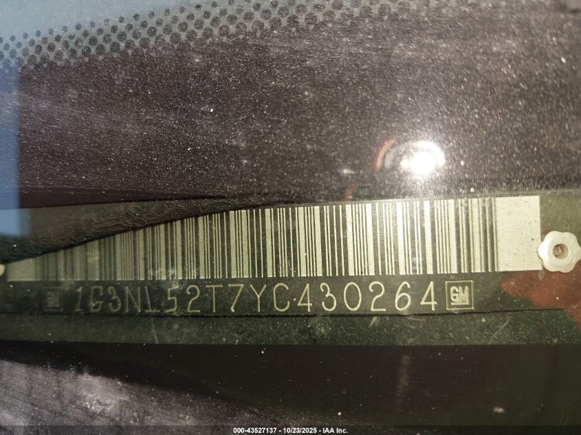 2000 Oldsmobile Alero Gl2 VIN: 1G3NL52T7YC430264 Lot: 43527137