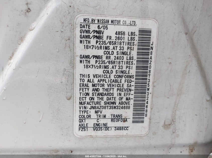 2005 Nissan Murano Sl VIN: JN8AZ08T35W324688 Lot: 43527184