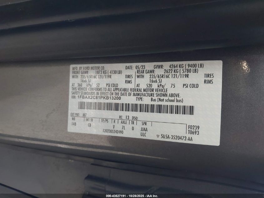 2023 Ford Transit-350 Passenger Van Xl VIN: 1FBAX2C81PKB13200 Lot: 43527191