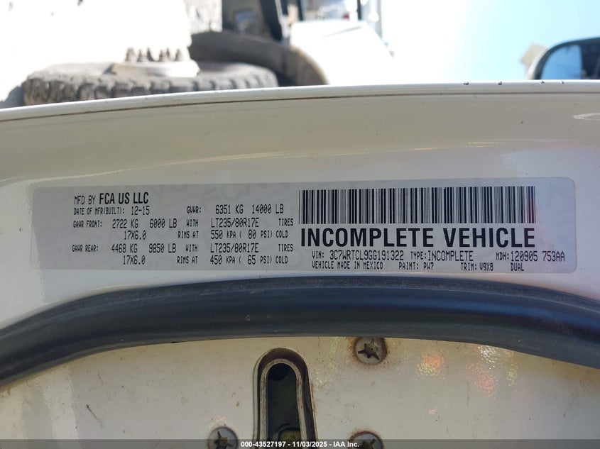 2016 Ram 3500 Chassis Tradesman/Slt/Laramie VIN: 3C7WRTCL9GG191322 Lot: 43527197