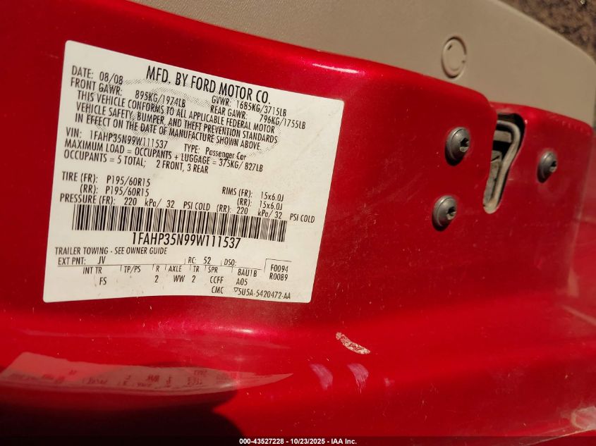 2009 Ford Focus Se VIN: 1FAHP35N99W111537 Lot: 43527228