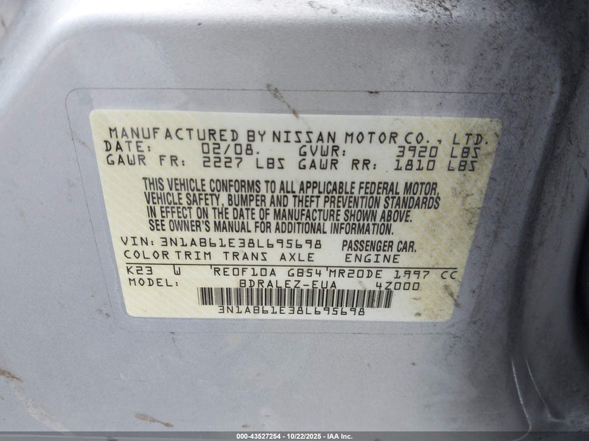 2008 Nissan Sentra 2.0S VIN: 3N1AB61E38L695698 Lot: 43527254