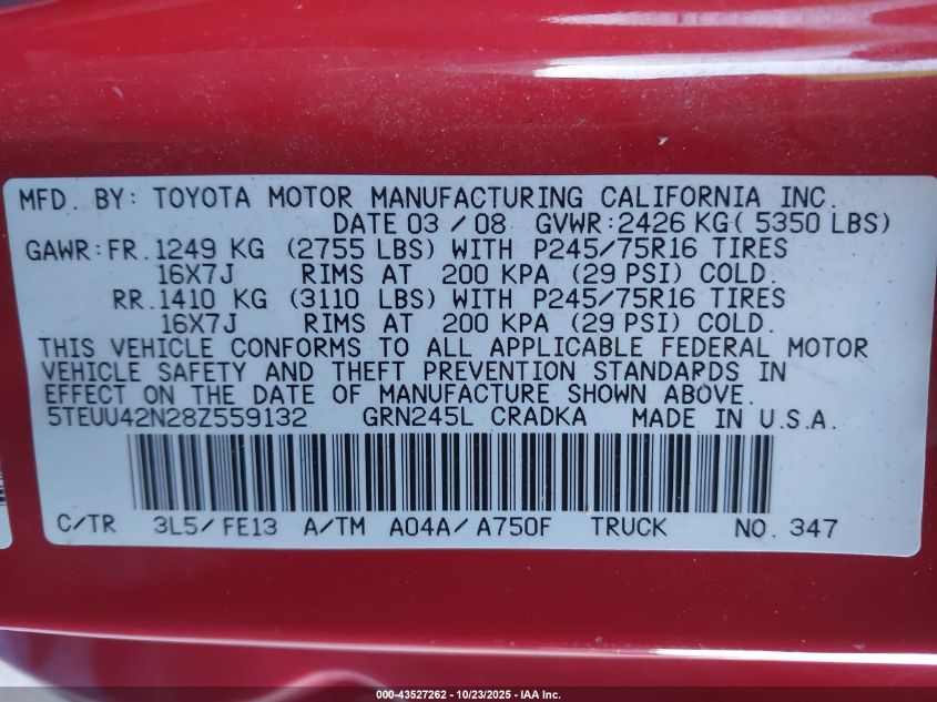 2008 Toyota Tacoma Base V6 VIN: 5TEUU42N28Z559132 Lot: 43527262