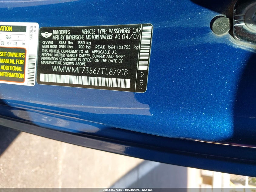 2007 Mini Cooper S VIN: WMWMF73567TL87918 Lot: 43527316