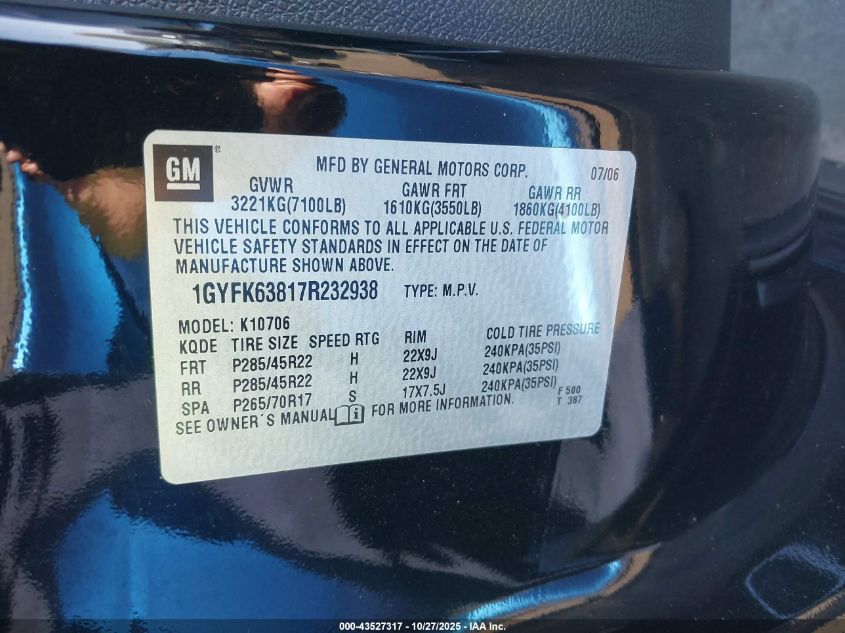 2007 Cadillac Escalade Standard VIN: 1GYFK63817R232938 Lot: 43527317