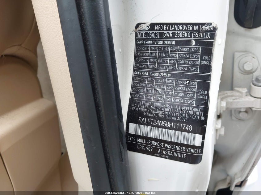 2008 Land Rover Lr2 Hse VIN: SALFT24N58H111748 Lot: 43527364