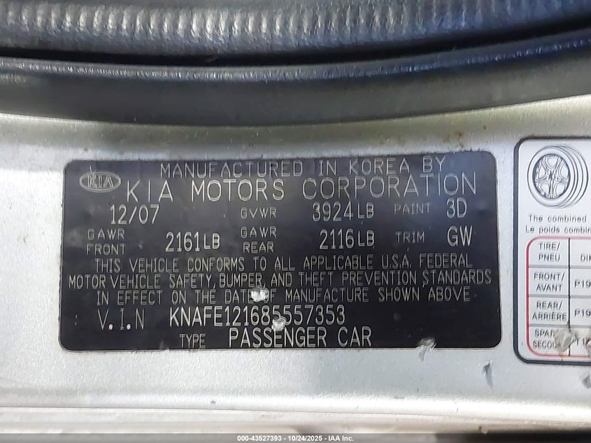 2008 Kia Spectra Ex VIN: KNAFE121685557353 Lot: 43527393