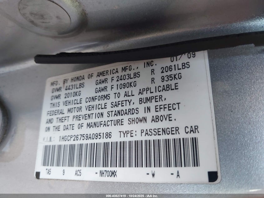 1HGCP26759A095186 2009 HONDA ACCORD photo no. 9