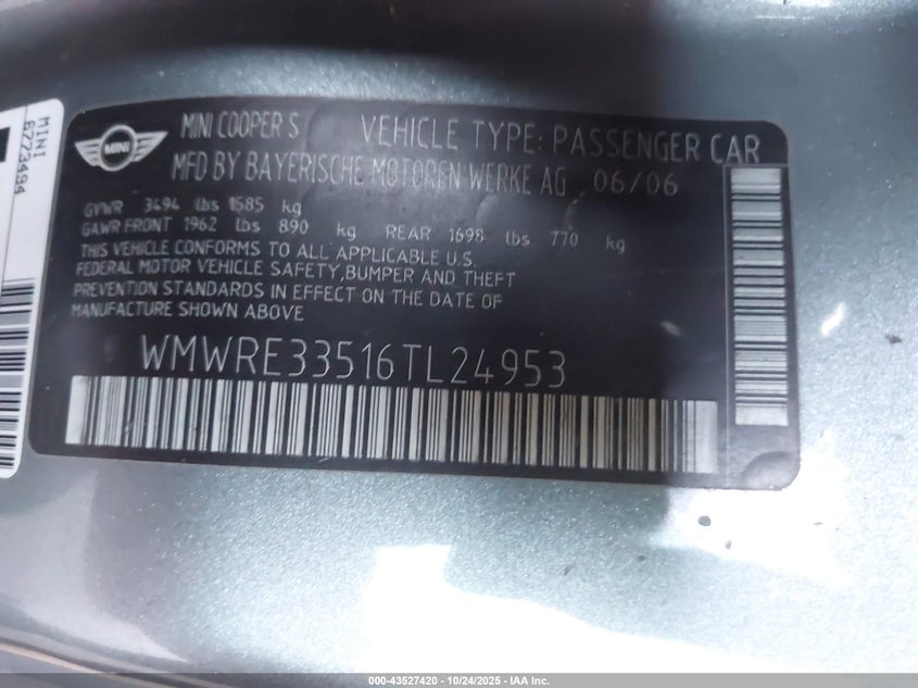2006 Mini Cooper S VIN: WMWRE33516TL24953 Lot: 43527420