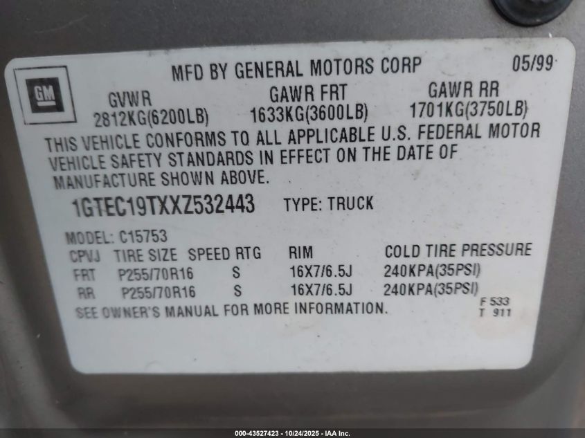 1999 GMC Sierra 1500 Sle VIN: 1GTEC19TXXZ532443 Lot: 43527423
