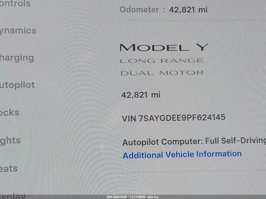 2023 Tesla Model Y Awd/Long Range Dual Motor All-Wheel Drive VIN: 7SAYGDEE9PF624145 Lot: 43527426