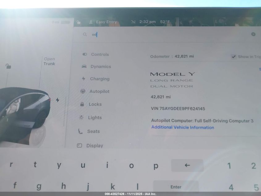 2023 Tesla Model Y Awd/Long Range Dual Motor All-Wheel Drive VIN: 7SAYGDEE9PF624145 Lot: 43527426