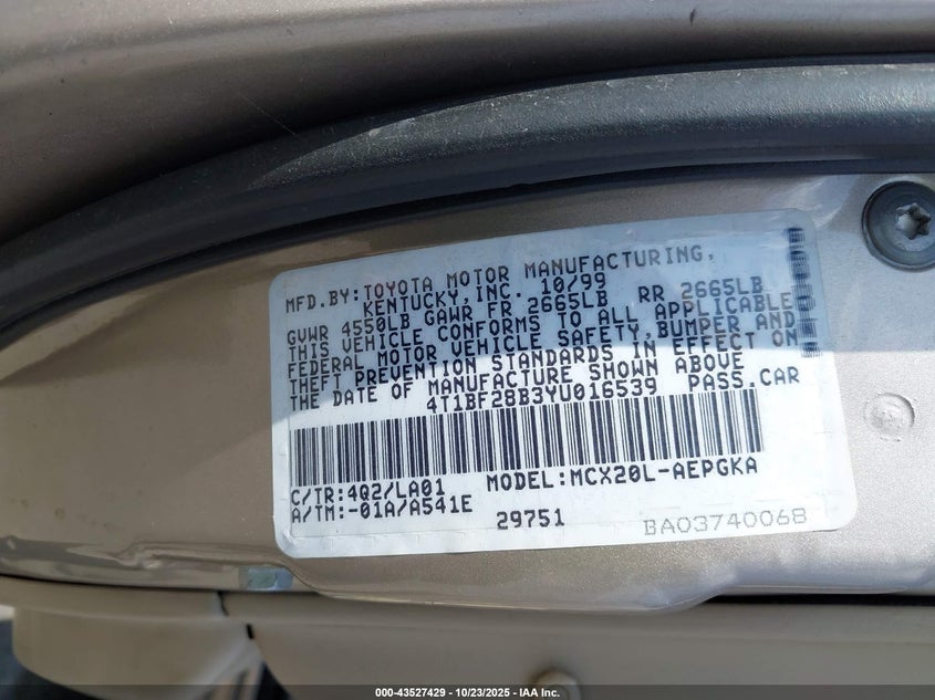 2000 Toyota Avalon Xls VIN: 4T1BF28B3YU016539 Lot: 43527429