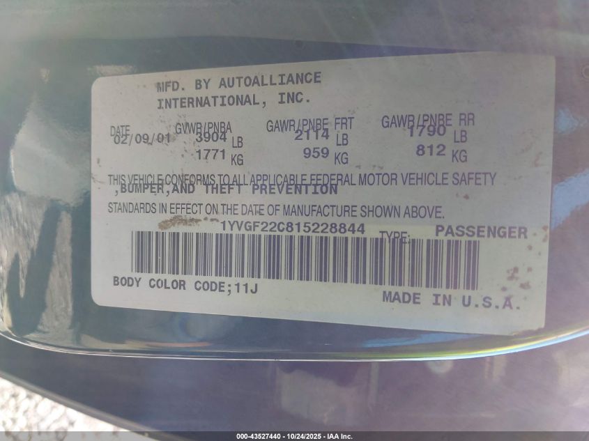 2001 Mazda 626 Es/Lx VIN: 1YVGF22E815218154 Lot: 43527440