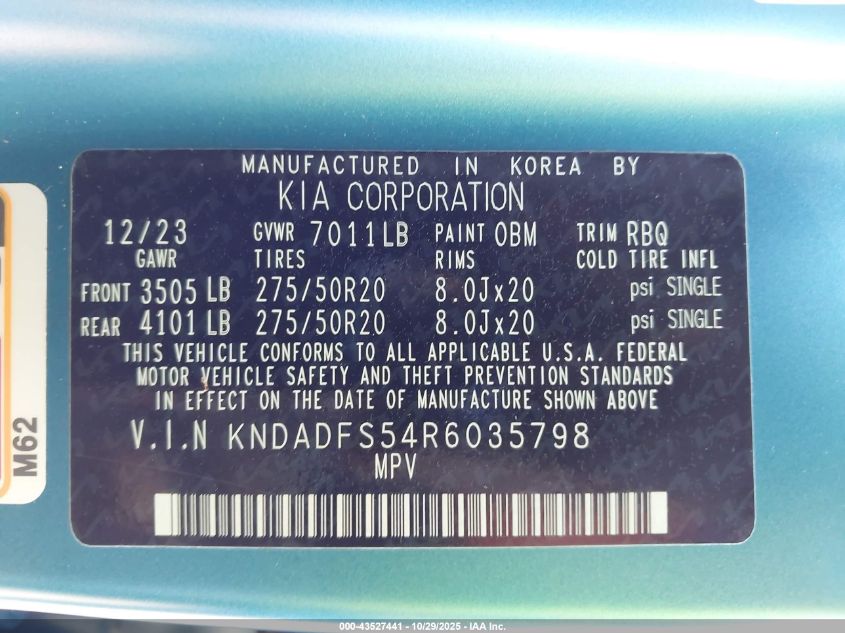 2024 Kia Ev9 Land VIN: KNDADFS54R6035798 Lot: 43527441