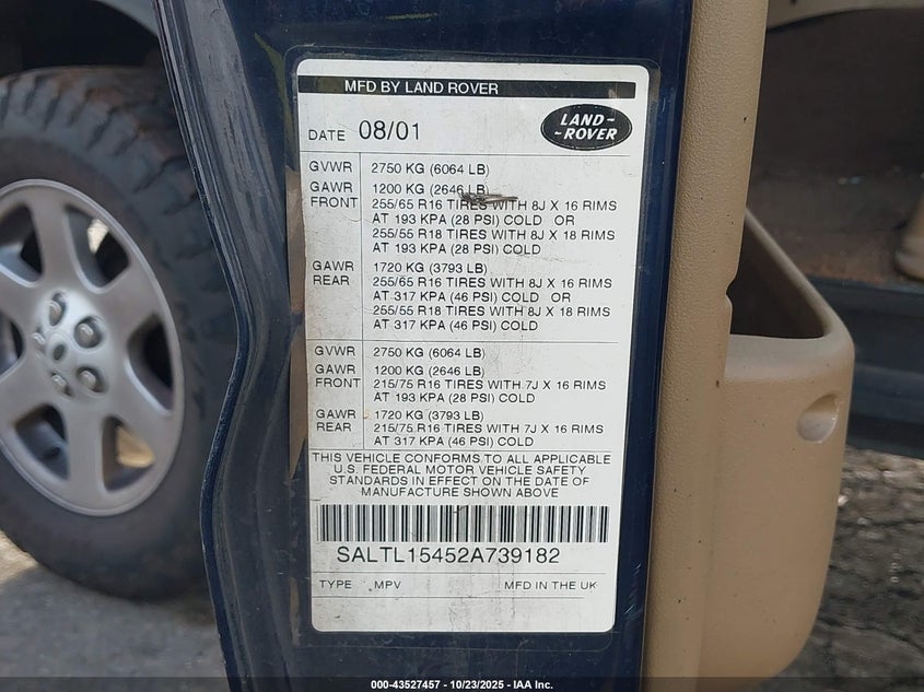 2002 Land Rover Discovery Series Ii Sd VIN: SALTL15452A739182 Lot: 43527457