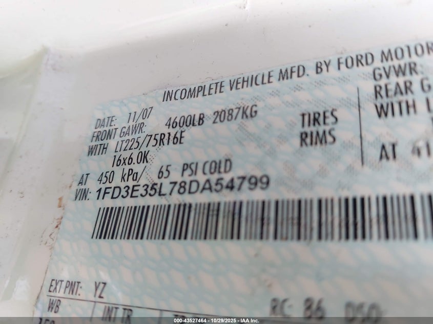 2008 Ford E-350 Cutaway VIN: 1FD3E35L78DA54799 Lot: 43527464