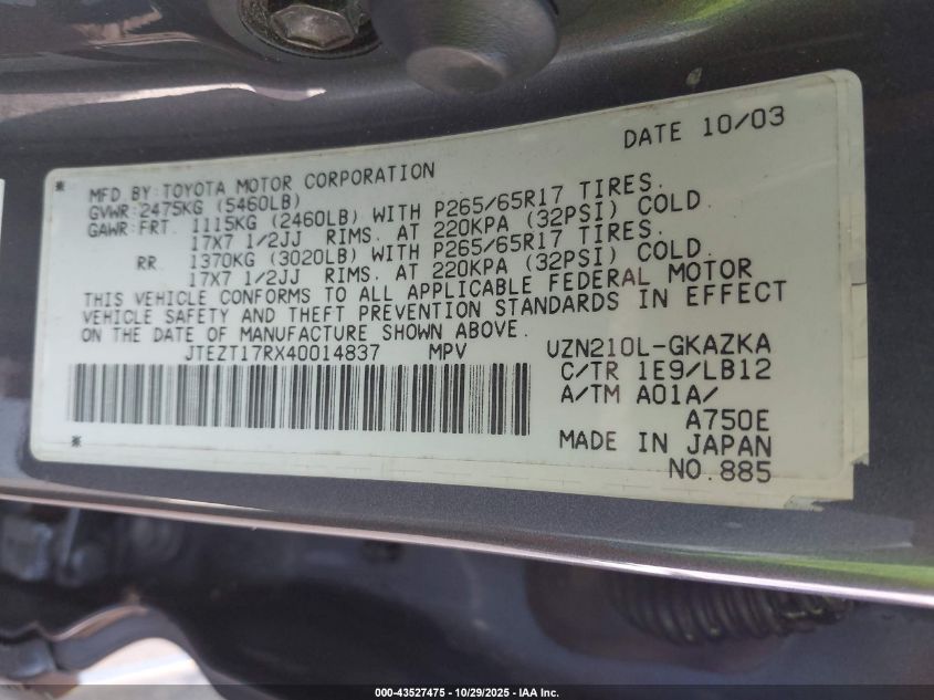 2004 Toyota 4Runner Limited V8 VIN: JTEZT17RX40014837 Lot: 43527475