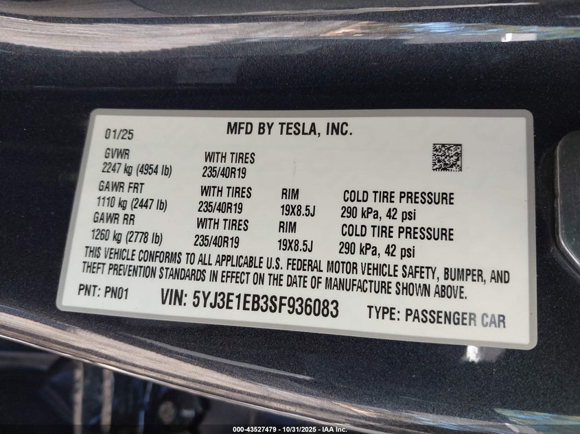 2025 Tesla Model 3 Long Range All-Wheel Drive VIN: 5YJ3E1EB3SF936083 Lot: 43527479