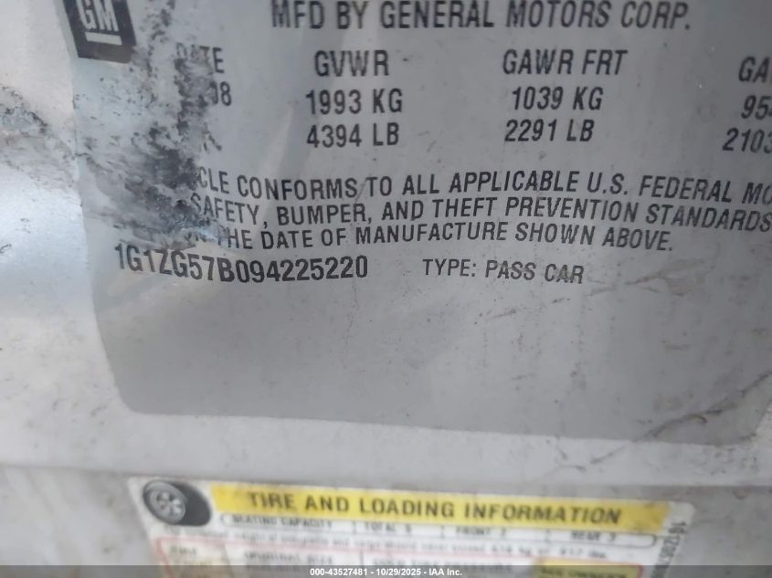 2009 Chevrolet Malibu Ls VIN: 1G1ZG57B094225220 Lot: 43527481