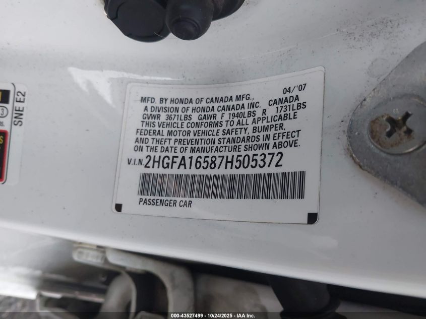 2007 Honda Civic Lx VIN: 2HGFA16587H505372 Lot: 43527499