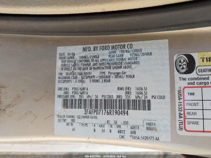 2006 Ford Fusion Se VIN: 3FAFP07176R190494 Lot: 43527502