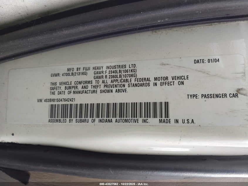 4S3BH815047642421 2004 SUBARU OUTBACK photo no. 9