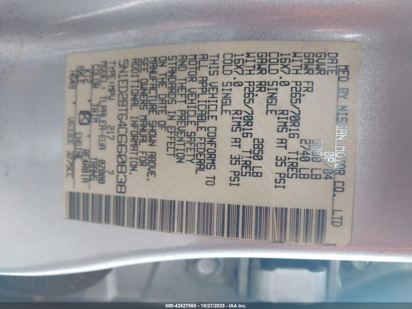 2004 Nissan Xterra Xe VIN: 5N1ED28T64C660838 Lot: 43527565