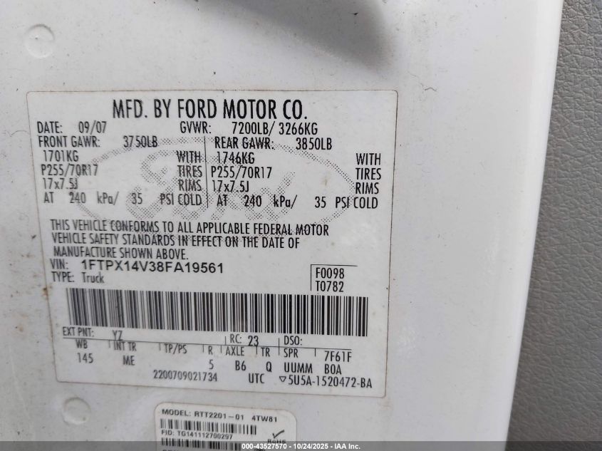 2008 Ford F-150 Fx4/Lariat/Xl/Xlt VIN: 1FTPX14V38FA19561 Lot: 43527570