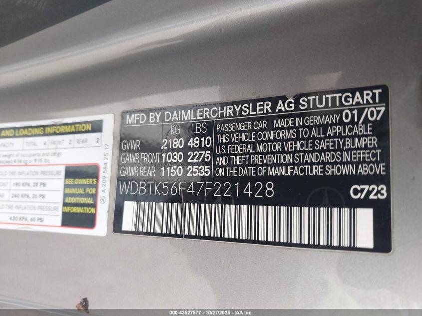 2007 Mercedes-Benz Clk 350 VIN: WDBTK56F47F221428 Lot: 43527577