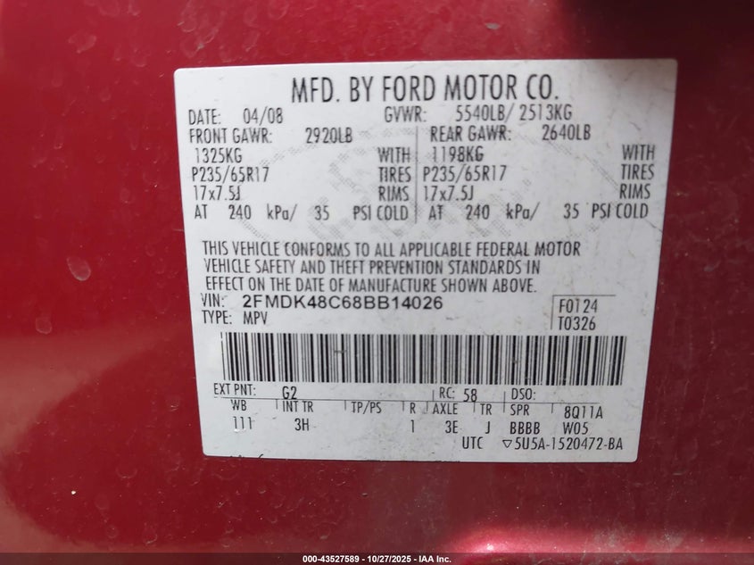 2008 Ford Edge Sel VIN: 2FMDK48C68BB14026 Lot: 43527589