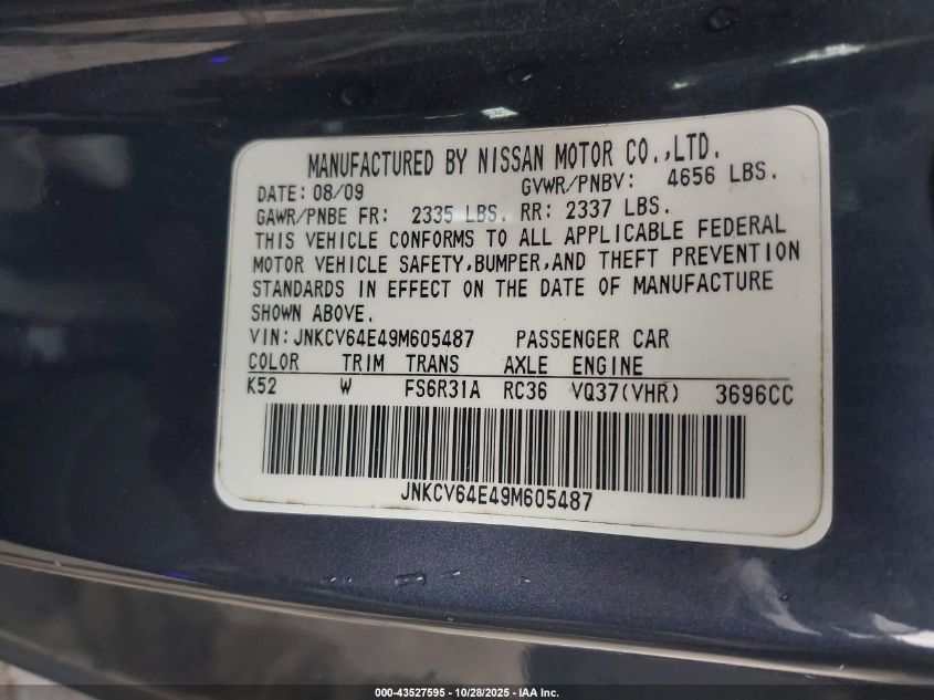 2009 Infiniti G37 Sport VIN: JNKCV64E49M605487 Lot: 43527595