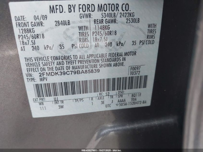 2009 Ford Edge Limited VIN: 2FMDK39C79BA85839 Lot: 43527601