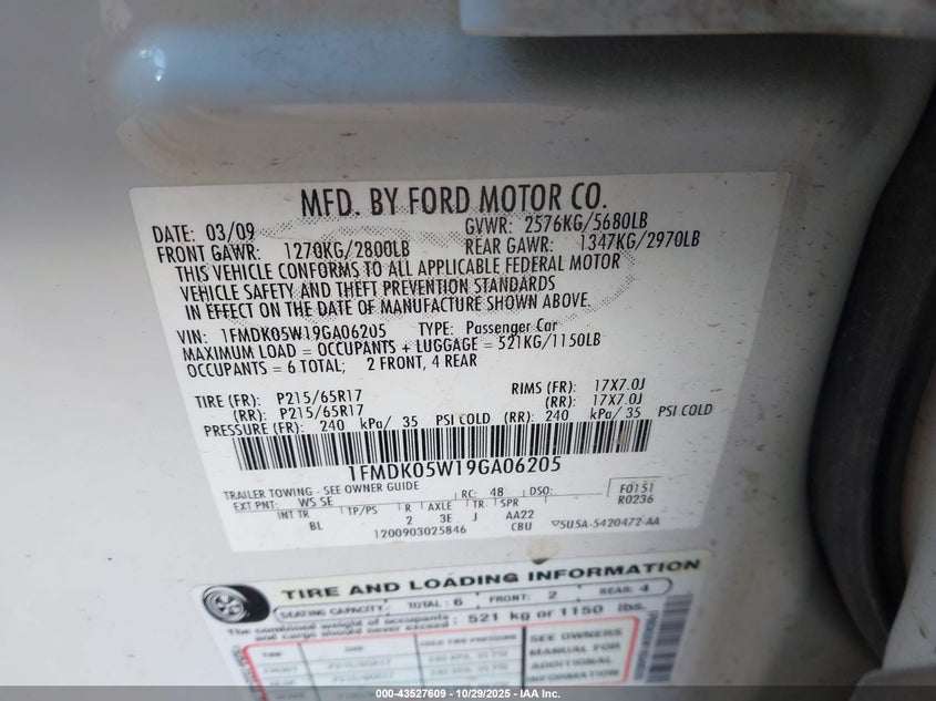 2009 Ford Taurus X Sel VIN: 1FMDK05W19GA06205 Lot: 43527609