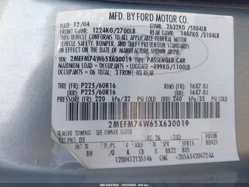 2005 Mercury Grand Marquis Gs VIN: 2MEFM74W65X630019 Lot: 43527624