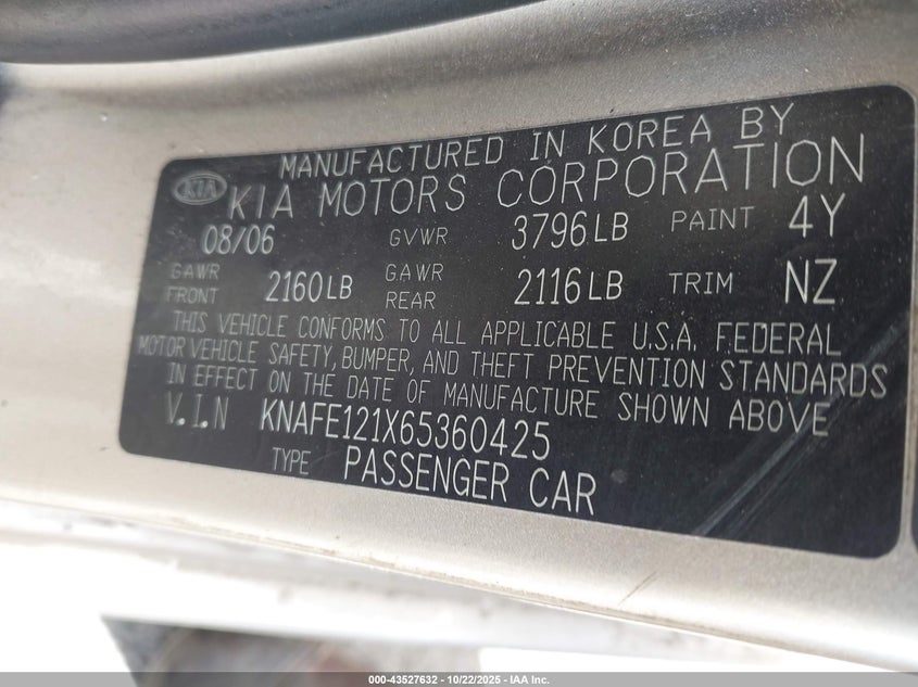 2006 Kia Spectra Ex/Lx/Sx VIN: KNAFE121X65360425 Lot: 43527632