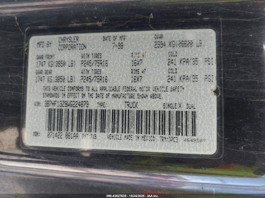 1998 Dodge Ram 1500 St VIN: 3B7HF13Z8WG224879 Lot: 43527639