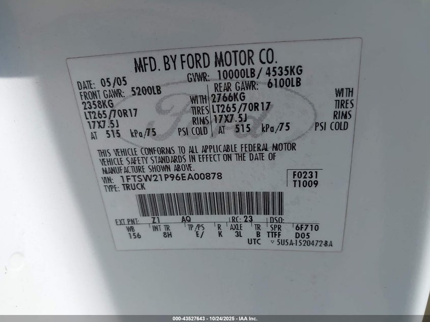 2006 Ford F-250 Lariat/Xl/Xlt VIN: 1FTSW21P96EA00878 Lot: 43527643