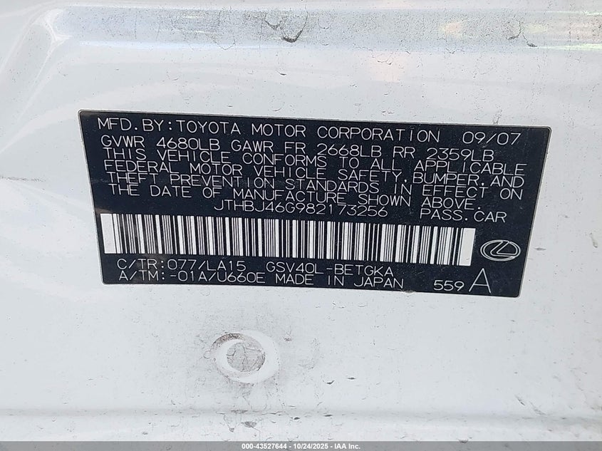 2008 Lexus Es 350 VIN: JTHBJ46G982173256 Lot: 43527644