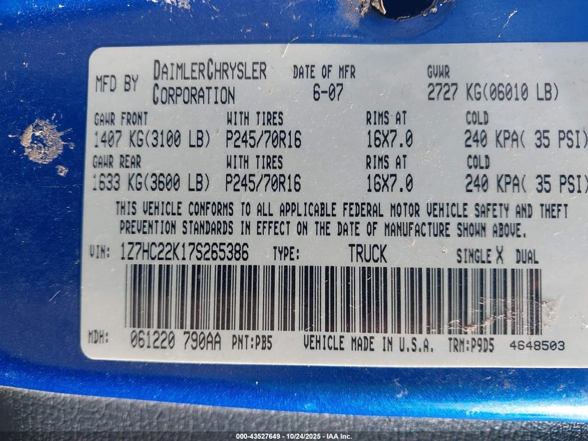 2007 Mitsubishi Raider Ls VIN: 1Z7HC22K17S265386 Lot: 43527649