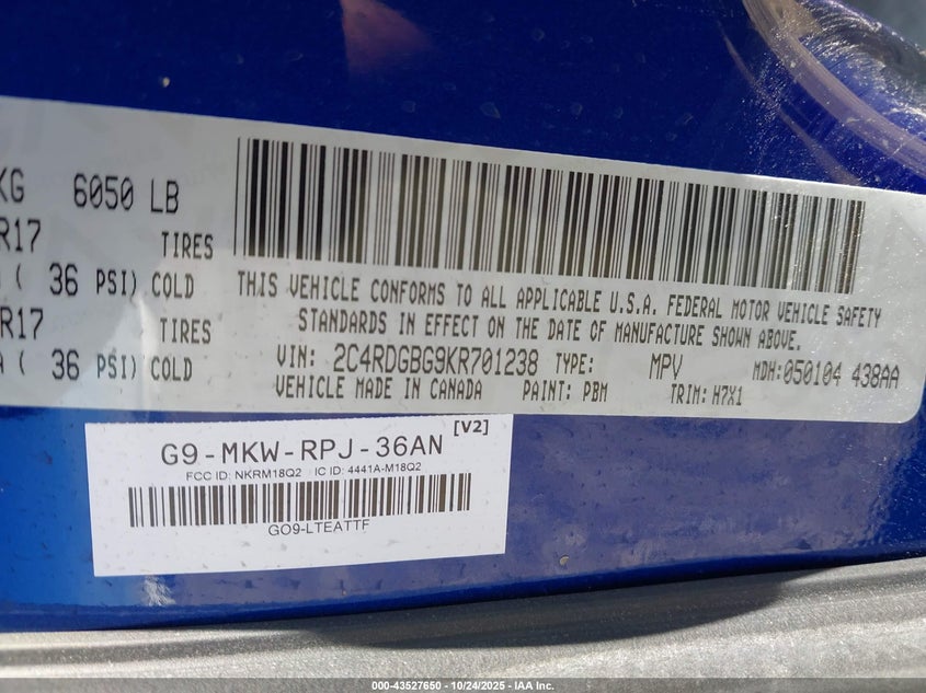 2019 DODGE GRAND CARAVAN SE 2C4RDGBG9KR701238