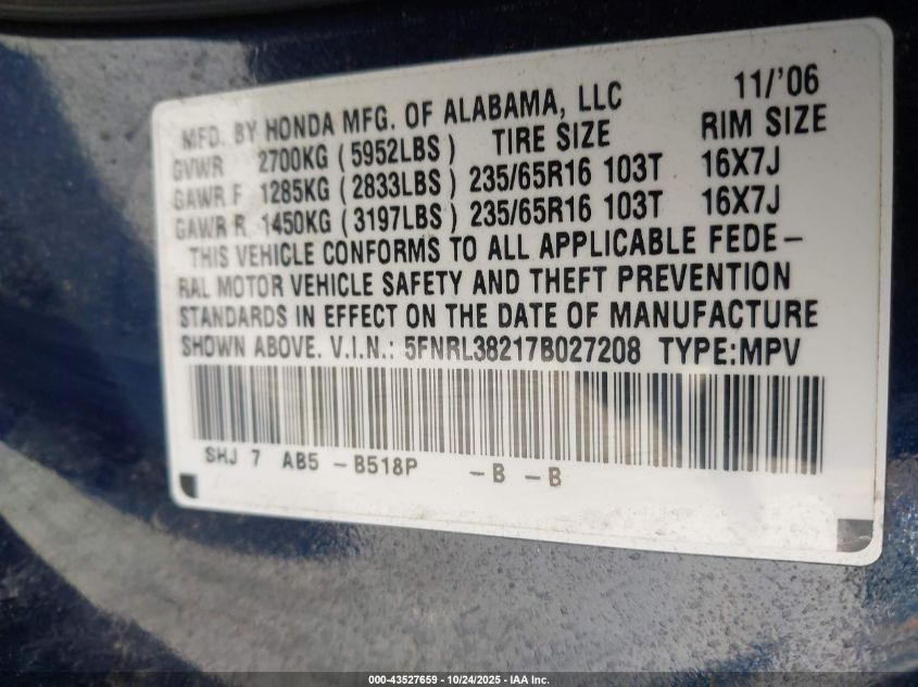 2007 Honda Odyssey Lx VIN: 5FNRL38217B027208 Lot: 43527659