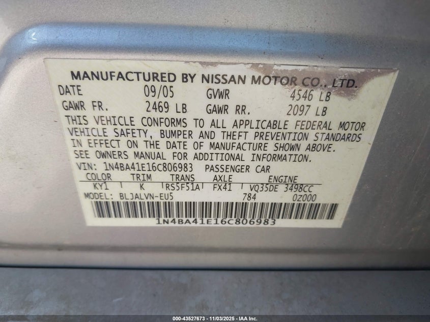 2006 Nissan Maxima 3.5 Se VIN: 1N4BA41E16C806983 Lot: 43527673