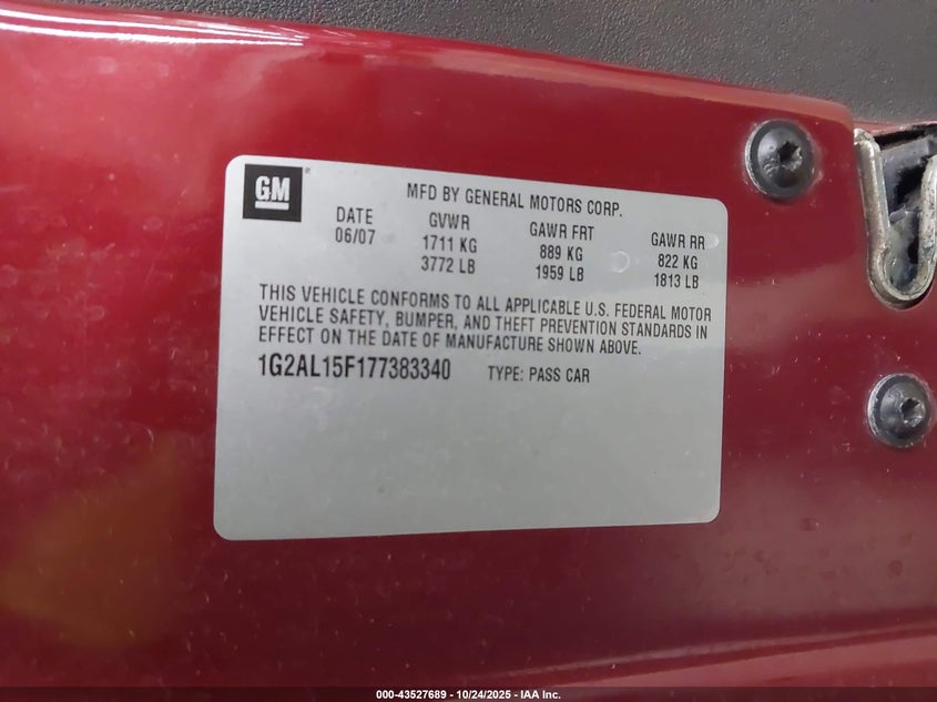 2007 Pontiac G5 VIN: 1G2AL15F177383340 Lot: 43527689