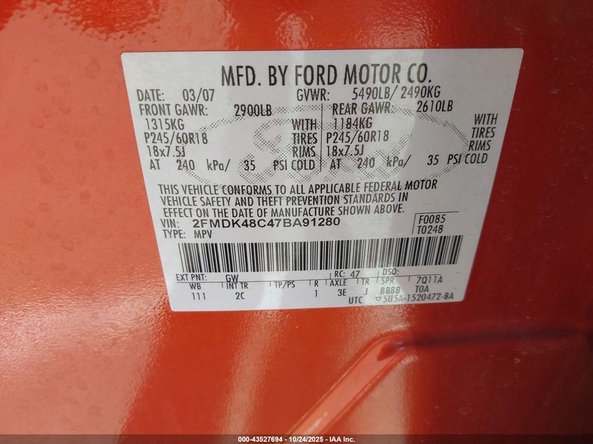 2007 Ford Edge Sel VIN: 2FMDK48C47BA91280 Lot: 43527694