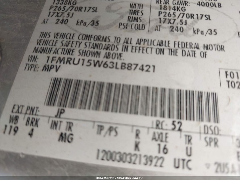 2003 Ford Expedition Xlt VIN: 1FMRU15W63LB87421 Lot: 43527719