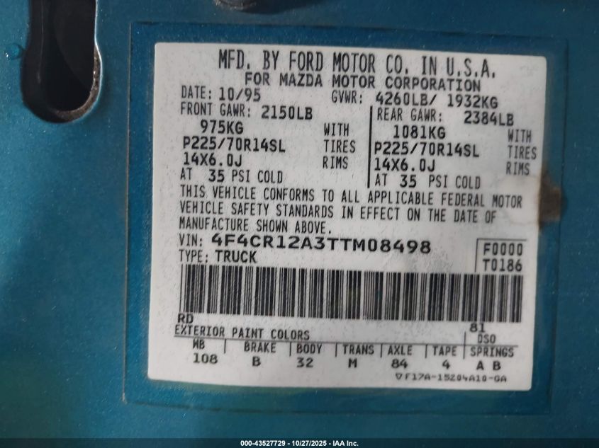 1996 Mazda B2300 VIN: 4F4CR12A3TTM08498 Lot: 43527729
