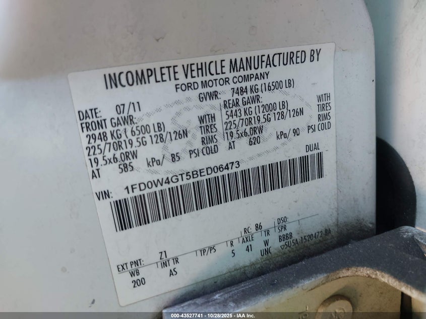 2011 Ford F-450 Chassis Xl VIN: 1FD0W4GT5BED06473 Lot: 43527741